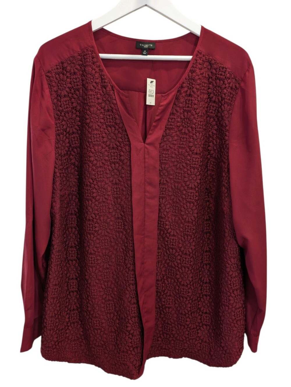 NEW Talbots Crochet Lace Front Blouse 2X Burgundy Red Long Sleeve V Neck